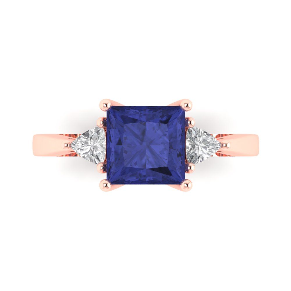 2.32 cttw Simulated Tanzanite Three-Stone Engagement Ring - Solid Rose Gold (VVS1, Princess Cut,7.0mm)