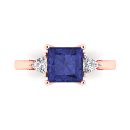 2.32 cttw Simulated Tanzanite Three-Stone Engagement Ring - Solid Rose Gold (VVS1, Princess Cut,7.0mm)