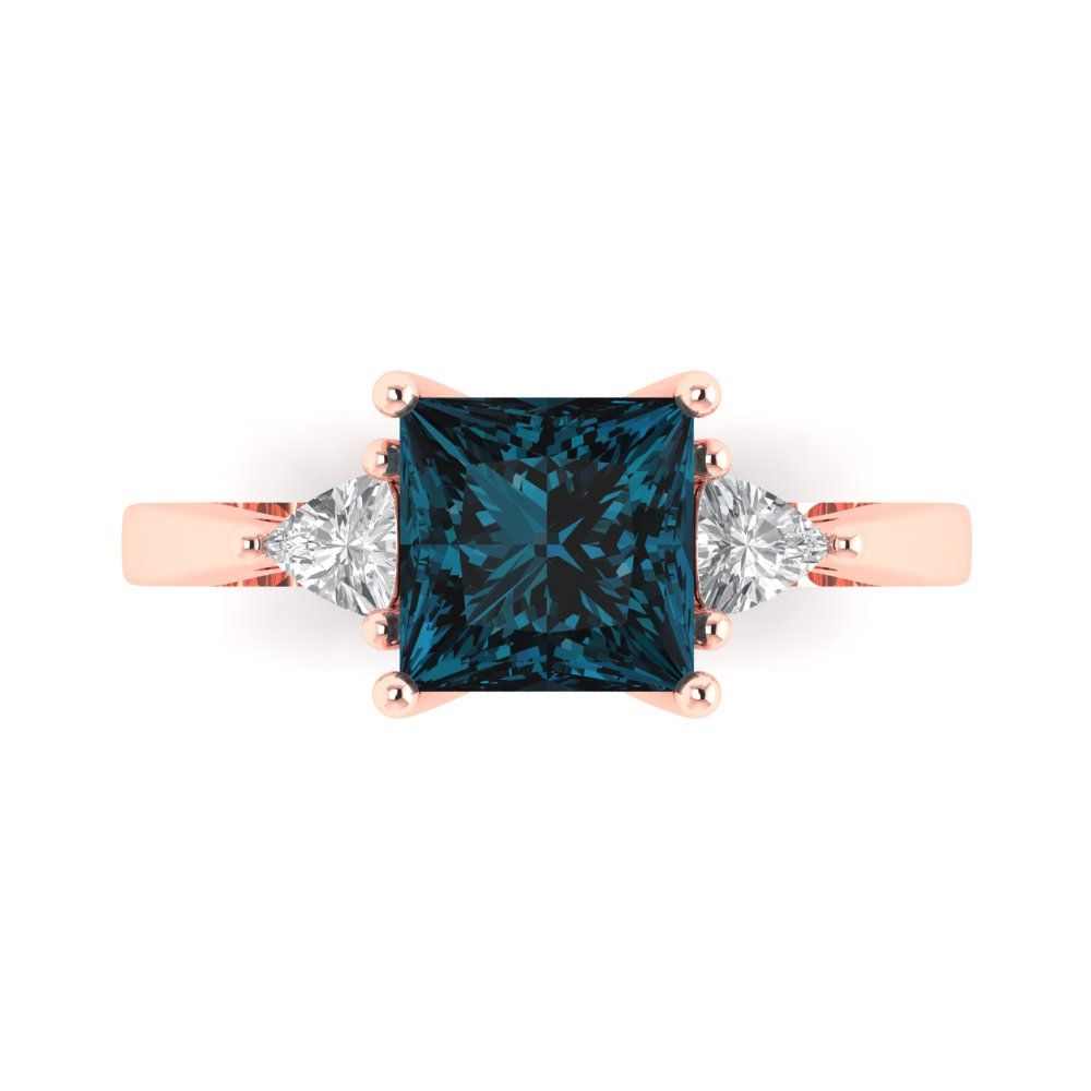 2.32 cttw Natural London Blue Topaz Three-Stone Engagement Ring - Solid Rose Gold (VVS1, Princess Cut,7.0mm)