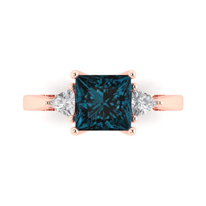 2.32 cttw Natural London Blue Topaz Three-Stone Engagement Ring - Solid Rose Gold (VVS1, Princess Cut,7.0mm)