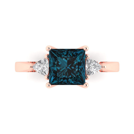 2.32 cttw Natural London Blue Topaz Three-Stone Engagement Ring - Solid Rose Gold (VVS1, Princess Cut,7.0mm)