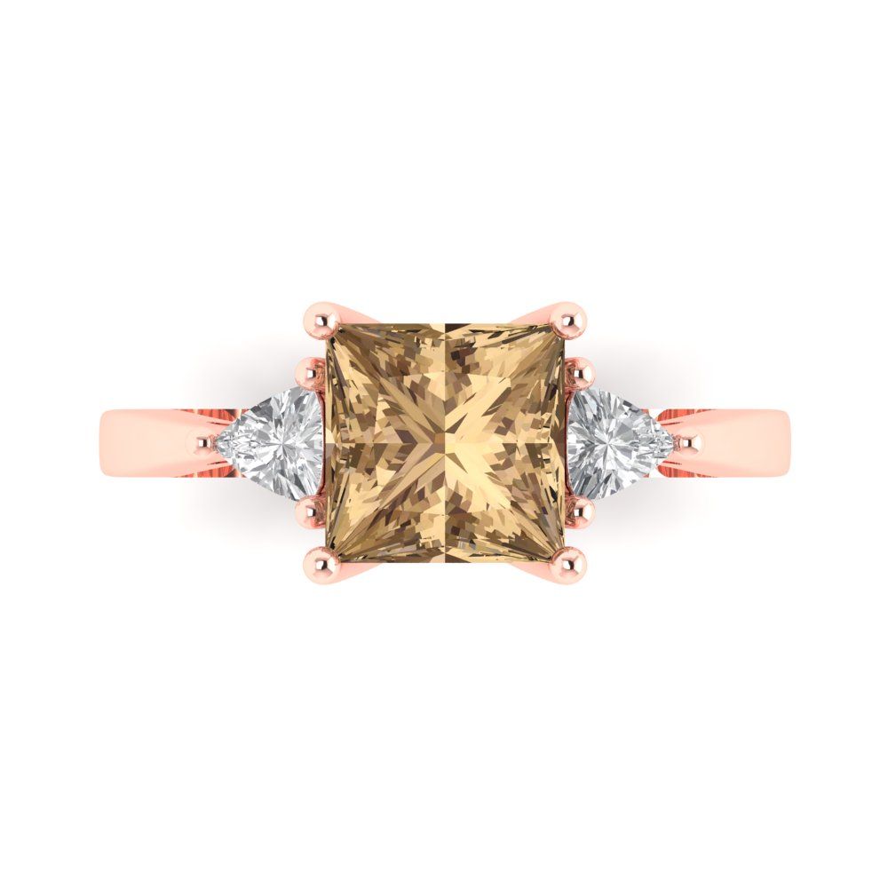 2.32 cttw Zirconia Simulated Champagne Diamond Three-Stone Engagement Ring - Solid Rose Gold (VVS1, Princess Cut,7.0mm)