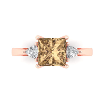 2.32 cttw Zirconia Simulated Champagne Diamond Three-Stone Engagement Ring - Solid Rose Gold (VVS1, Princess Cut,7.0mm)