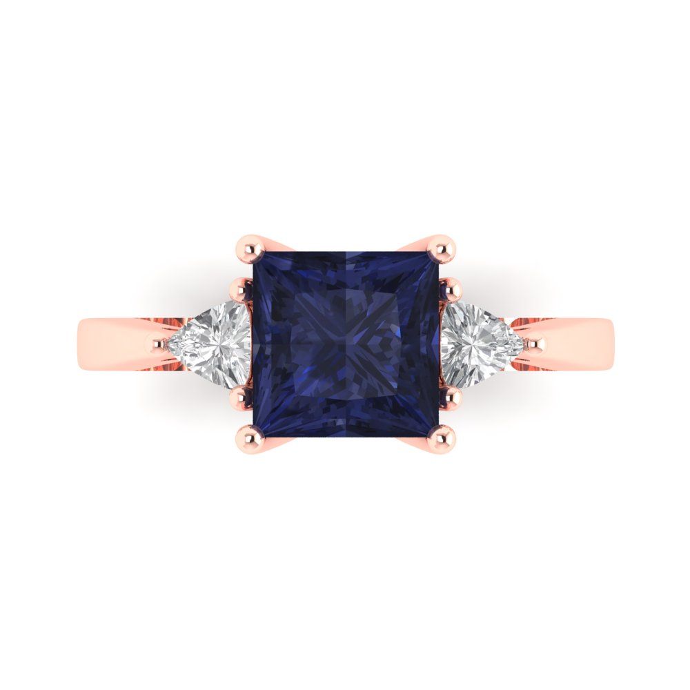 2.32 cttw Simulated Blue Sapphire Three-Stone Engagement Ring - Solid Gold (Princess Cut,7.0mm)