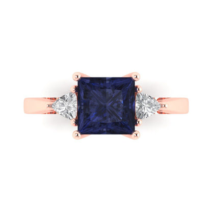 2.32 cttw Simulated Blue Sapphire Three-Stone Engagement Ring - Solid Gold (Princess Cut,7.0mm)