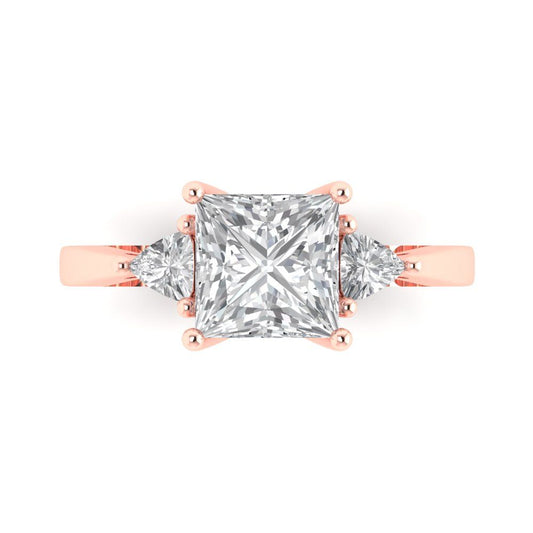2.32 cttw Moissanite Three-Stone Engagement Ring - Solid Rose Gold (VVS1, Princess Cut,7.0mm)