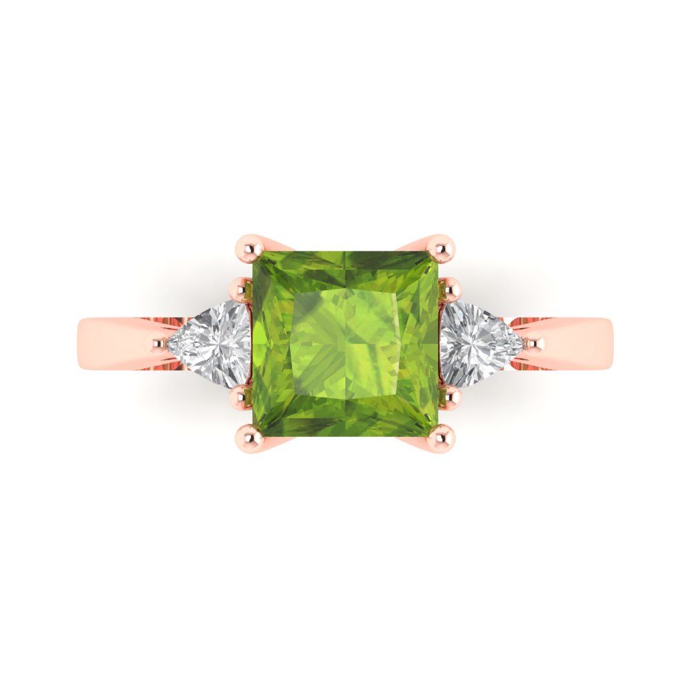2.32 cttw Natural Peridot Three-Stone Engagement Ring - Solid Rose Gold (VVS1, Princess Cut,7.0mm)