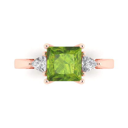 2.32 cttw Natural Peridot Three-Stone Engagement Ring - Solid Rose Gold (VVS1, Princess Cut,7.0mm)