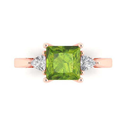 2.32 cttw Natural Peridot Three-Stone Engagement Ring - Solid Rose Gold (VVS1, Princess Cut,7.0mm)