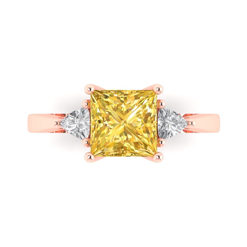 2.32 cttw Zirconia Simulated Yellow Diamond Three-Stone Engagement Ring - Solid Rose Gold (VVS1, Princess Cut,7.0mm)