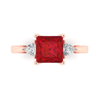 2.32 cttw Simulated Pink Tourmaline Three-Stone Engagement Ring - Solid Rose Gold (VVS1, Princess Cut,7.0mm)