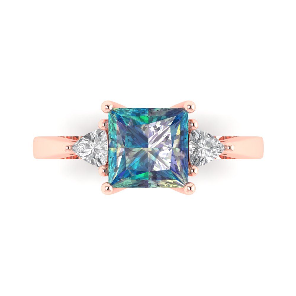 2.32 cttw Blue Moissanite Three-Stone Engagement Ring - Solid Rose Gold (VVS1, Princess Cut,7.0mm)