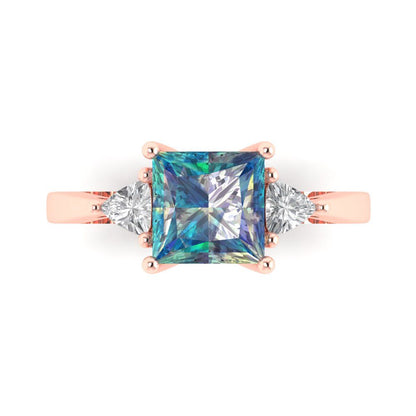 2.32 cttw Blue Moissanite Three-Stone Engagement Ring - Solid Rose Gold (VVS1, Princess Cut,7.0mm)