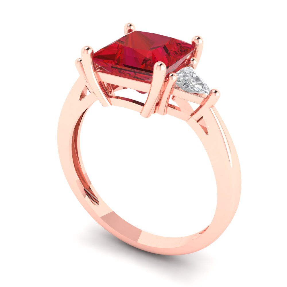 2.32 cttw Simulated Ruby Three-Stone Engagement Ring - Solid Rose Gold (VVS1, Princess Cut,7.0mm)