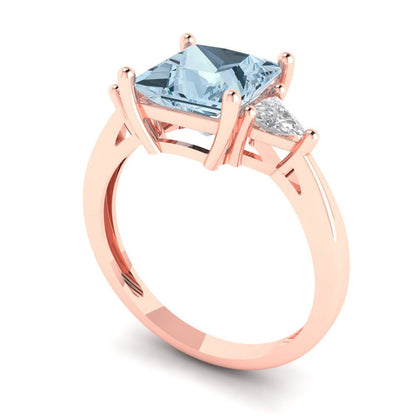 2.32 cttw Natural Aquamarine Three-Stone Engagement Ring - Solid Rose Gold (VVS1, Princess Cut,7.0mm)