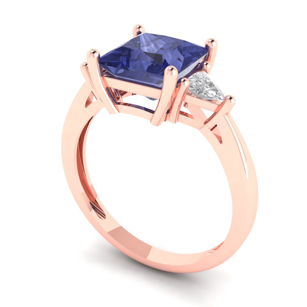 2.32 cttw Simulated Tanzanite Three-Stone Engagement Ring - Solid Rose Gold (VVS1, Princess Cut,7.0mm)