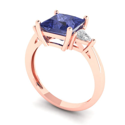 2.32 cttw Simulated Tanzanite Three-Stone Engagement Ring - Solid Rose Gold (VVS1, Princess Cut,7.0mm)