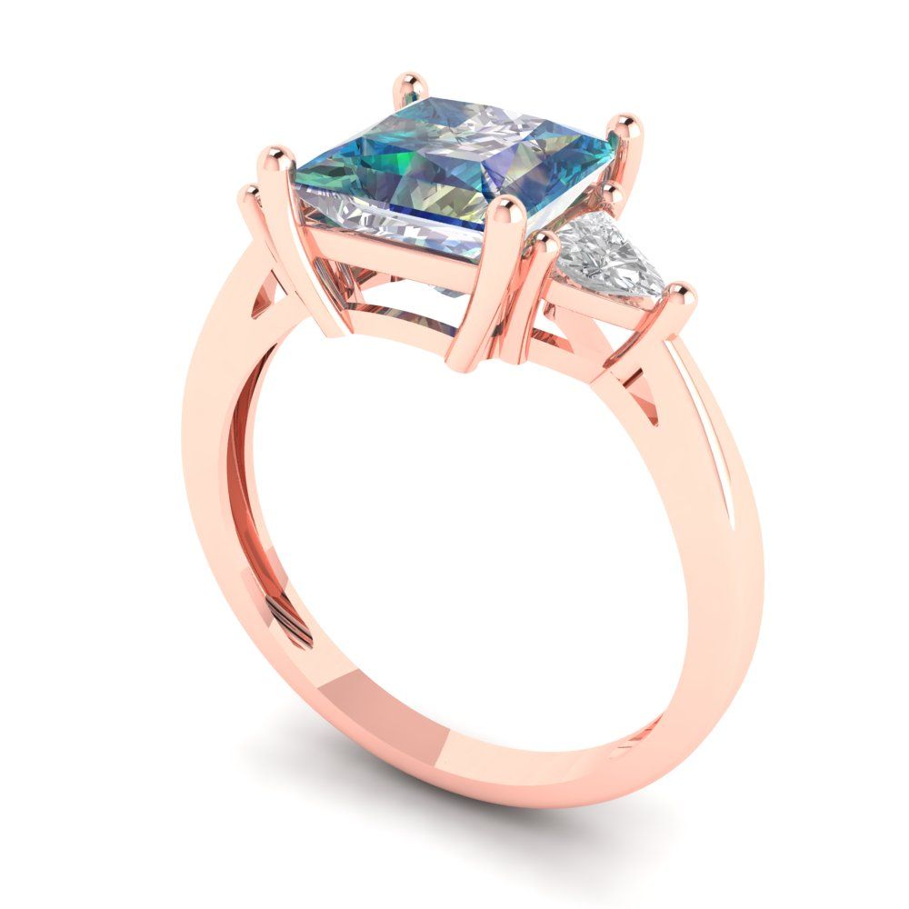 2.32 cttw Blue Moissanite Three-Stone Engagement Ring - Solid Rose Gold (VVS1, Princess Cut,7.0mm)