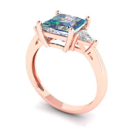 2.32 cttw Blue Moissanite Three-Stone Engagement Ring - Solid Rose Gold (VVS1, Princess Cut,7.0mm)
