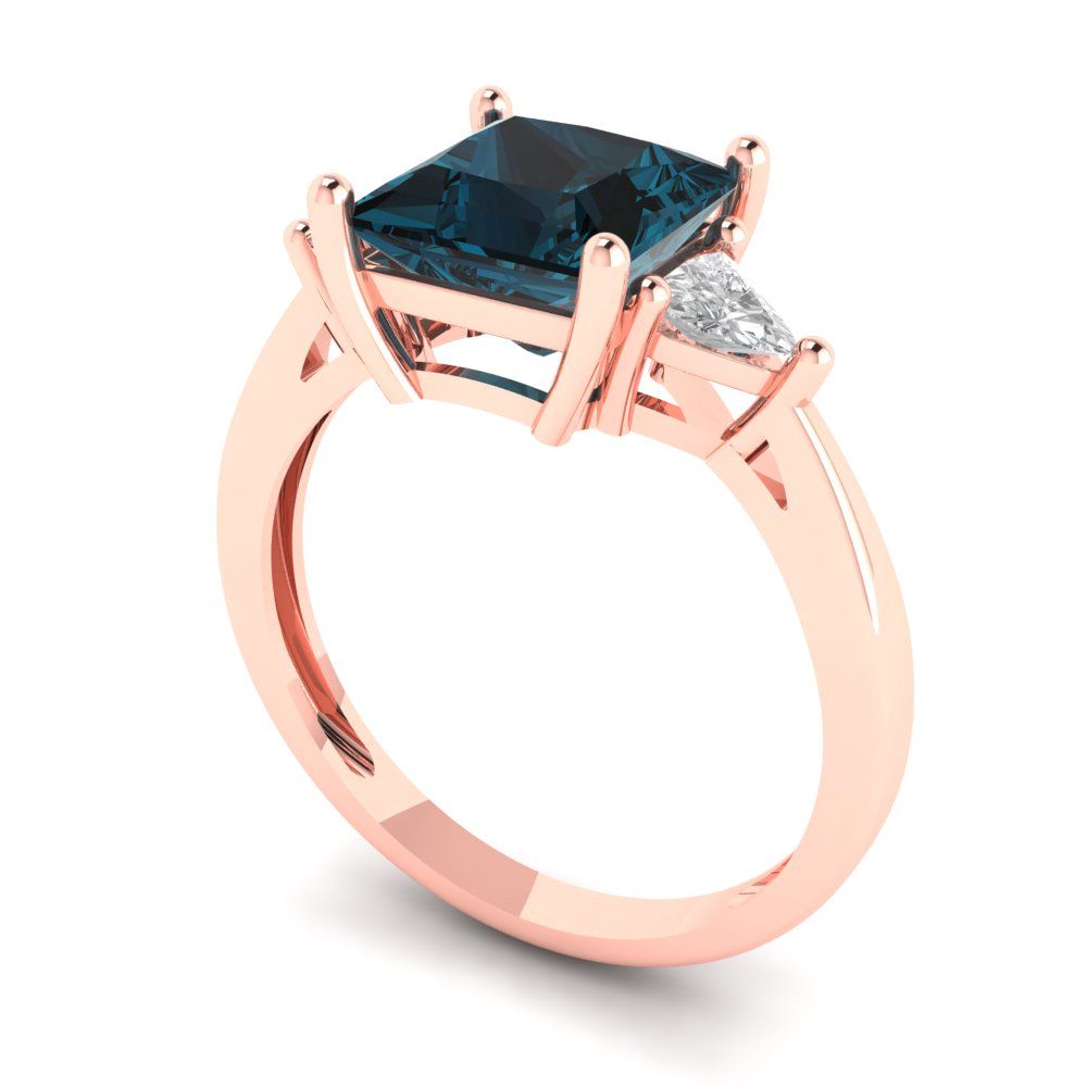 2.32 cttw Natural London Blue Topaz Three-Stone Engagement Ring - Solid Rose Gold (VVS1, Princess Cut,7.0mm)