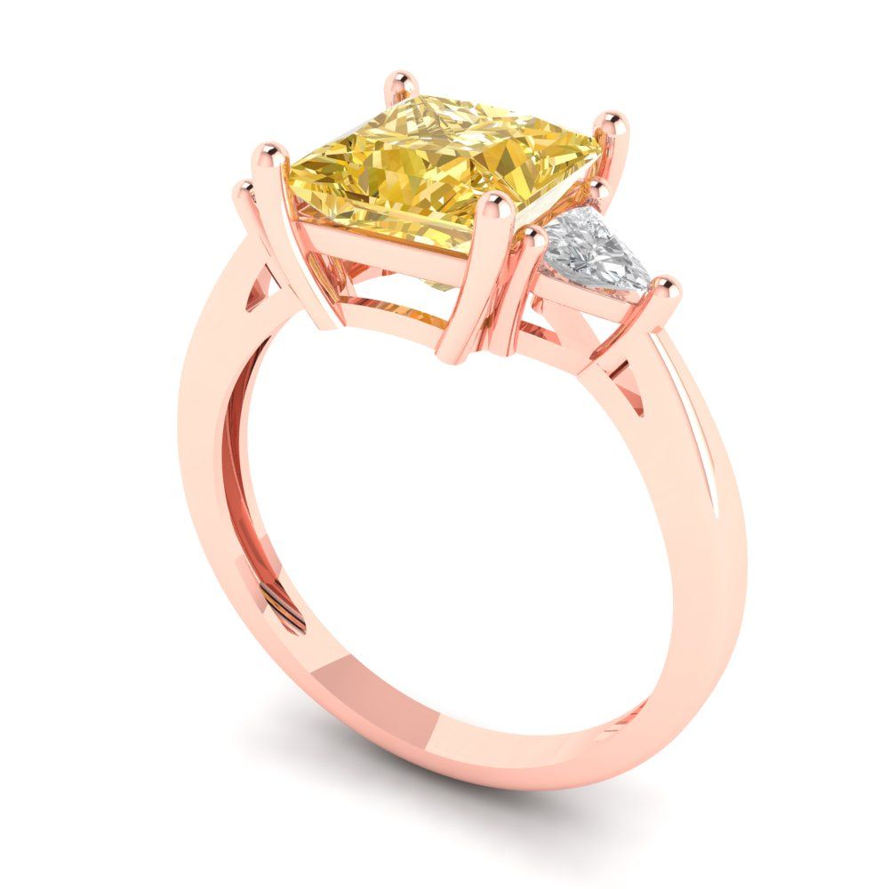 2.32 cttw Zirconia Simulated Yellow Diamond Three-Stone Engagement Ring - Solid Rose Gold (VVS1, Princess Cut,7.0mm)