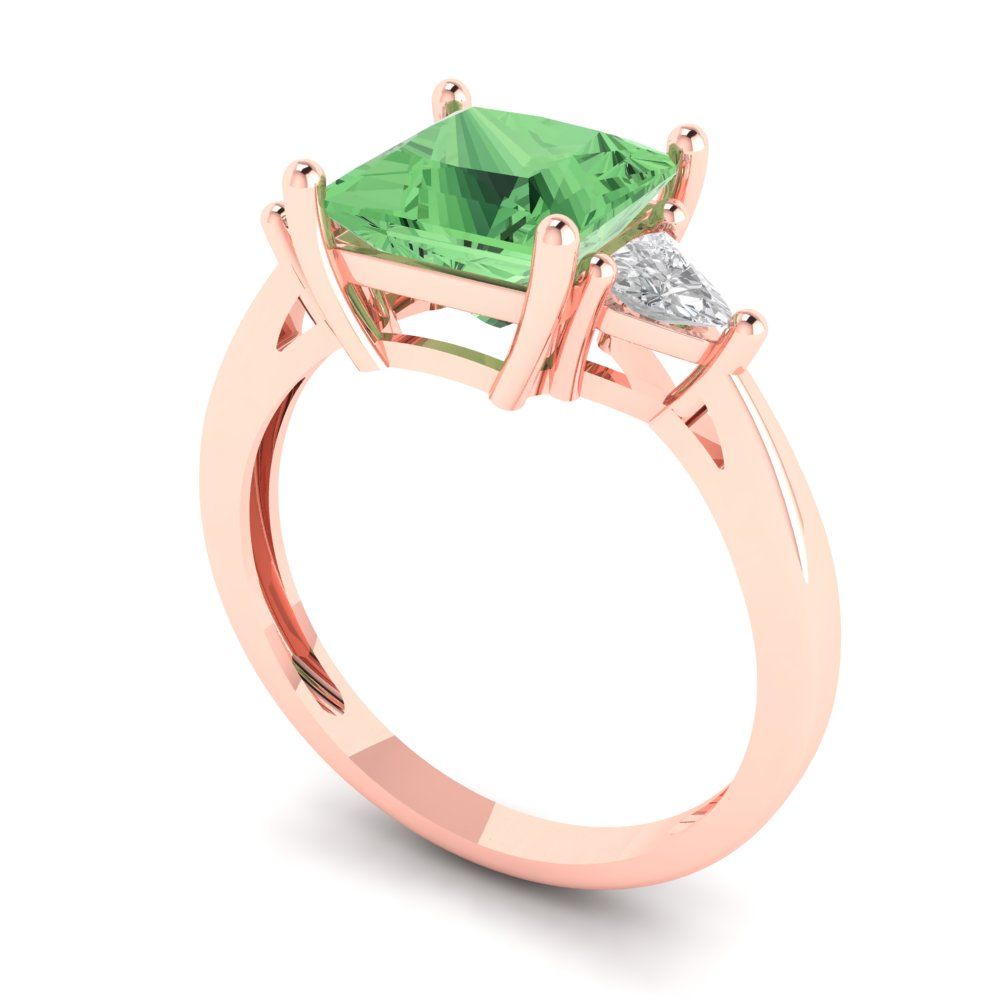2.32 cttw Zirconia Simulated Green Diamond Three-Stone Engagement Ring - Solid Rose Gold (VVS1, Princess Cut,7.0mm)