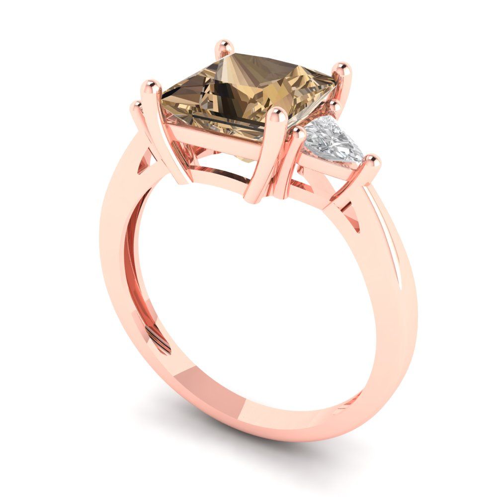 2.32 cttw Zirconia Simulated Champagne Diamond Three-Stone Engagement Ring - Solid Rose Gold (VVS1, Princess Cut,7.0mm)