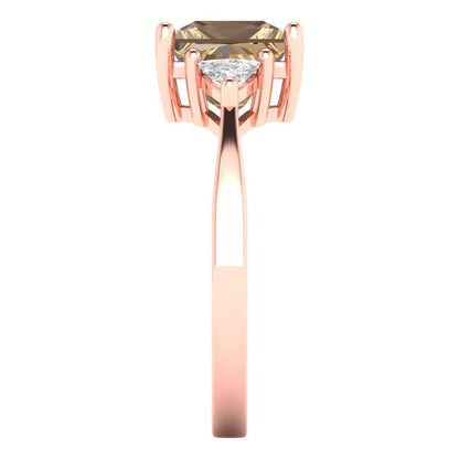 2.32 cttw Zirconia Simulated Champagne Diamond Three-Stone Engagement Ring - Solid Rose Gold (VVS1, Princess Cut,7.0mm)
