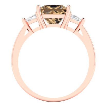 2.32 cttw Zirconia Simulated Champagne Diamond Three-Stone Engagement Ring - Solid Rose Gold (VVS1, Princess Cut,7.0mm)