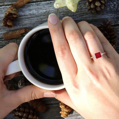 2.32 cttw Simulated Ruby Three-Stone Engagement Ring - Solid Rose Gold (VVS1, Princess Cut,7.0mm)