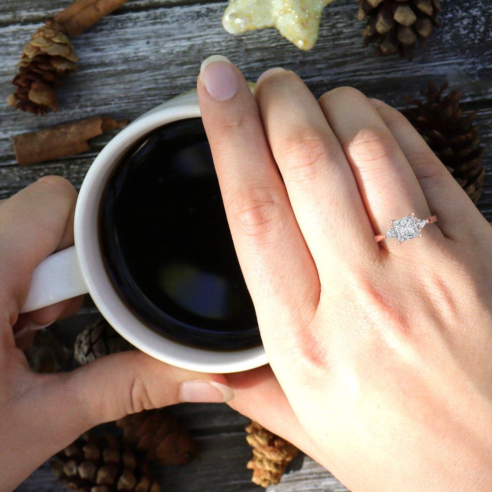 2.32 cttw White Sapphire Three-Stone Engagement Ring - Solid Rose Gold (VVS1, Princess Cut,7.0mm)