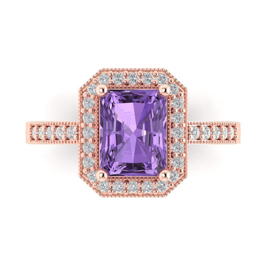 2.78 cttw Simulated Alexandrite Hidden Halo Engagement Ring - Solid Rose Gold (VVS1, Emerald Cut,8.5x6.5mm)