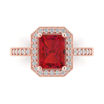 2.78 cttw Simulated Ruby Hidden Halo Engagement Ring - Solid Rose Gold (VVS1, Emerald Cut,8.5x6.5mm)