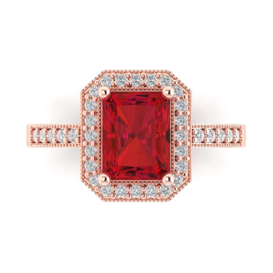 2.78 cttw Simulated Ruby Hidden Halo Engagement Ring - Solid Rose Gold (VVS1, Emerald Cut,8.5x6.5mm)