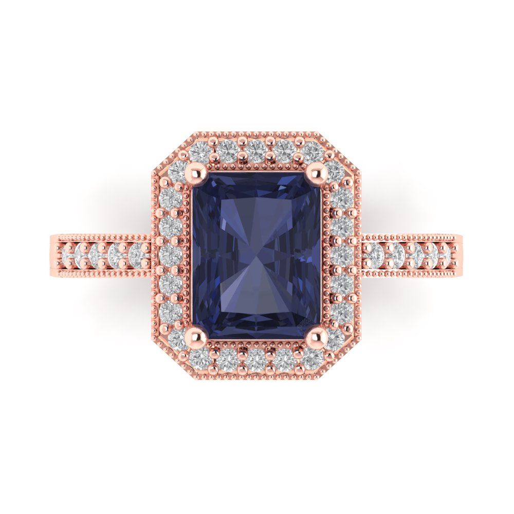 2.78 cttw Simulated Blue Sapphire Hidden Halo Engagement Ring - Solid Gold (Emerald Cut,8.5x6.5mm)