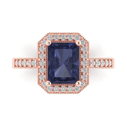 2.78 cttw Simulated Blue Sapphire Hidden Halo Engagement Ring - Solid Gold (Emerald Cut,8.5x6.5mm)