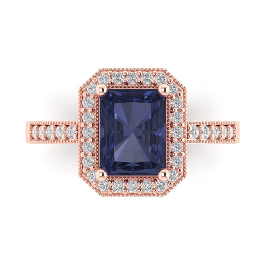 2.78 cttw Simulated Blue Sapphire Hidden Halo Engagement Ring - Solid Rose Gold (VVS1, Emerald Cut,8.5x6.5mm)