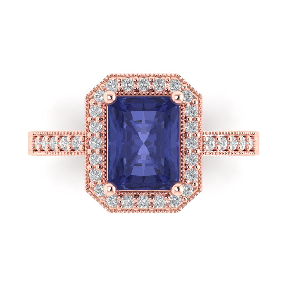 2.78 cttw Simulated Tanzanite Hidden Halo Engagement Ring - Solid Gold (Emerald Cut,8.5x6.5mm)