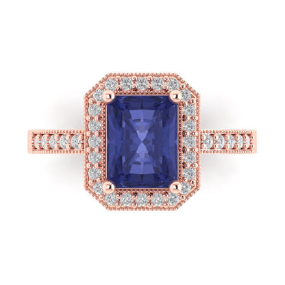 2.78 cttw Simulated Tanzanite Hidden Halo Engagement Ring - Solid Gold (Emerald Cut,8.5x6.5mm)