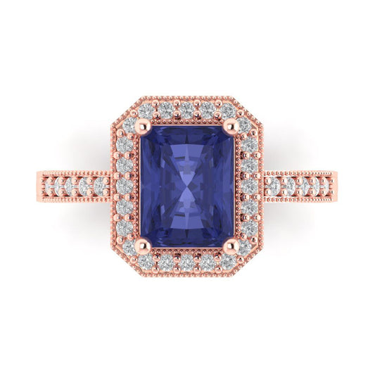 2.78 cttw Simulated Tanzanite Hidden Halo Engagement Ring - Solid Rose Gold (VVS1, Emerald Cut,8.5x6.5mm)