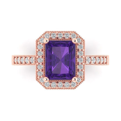 2.78 cttw Natural Amethyst Hidden Halo Engagement Ring - Solid Gold (Emerald Cut,8.5x6.5mm)