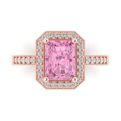 2.78 cttw Zirconia Simulated Pink Diamond Hidden Halo Engagement Ring - Solid Gold (VVS1, Emerald Cut,8.5x6.5mm)
