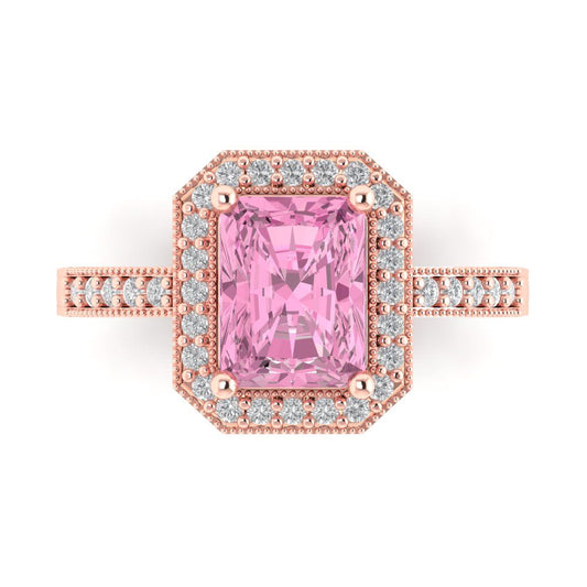 2.78 cttw Zirconia Simulated Pink Diamond Hidden Halo Engagement Ring - Solid Rose Gold (VVS1, Emerald Cut,8.5x6.5mm)