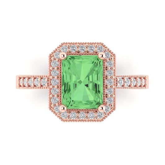 2.78 cttw Zirconia Simulated Green Diamond Hidden Halo Engagement Ring - Solid Rose Gold (VVS1, Emerald Cut,8.5x6.5mm)