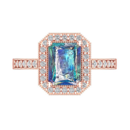 2.78 cttw Blue Moissanite Hidden Halo Engagement Ring - Solid Gold (Emerald Cut,8.5x6.5mm)