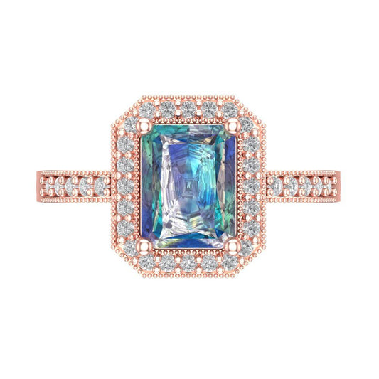 2.78 cttw Blue Moissanite Hidden Halo Engagement Ring - Solid Rose Gold (VVS1, Emerald Cut,8.5x6.5mm)
