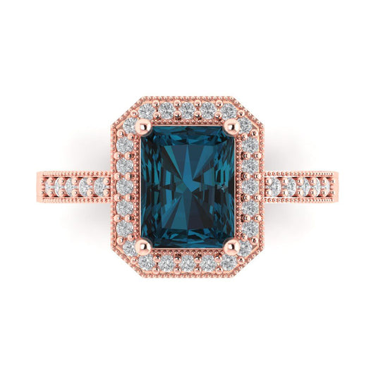 2.78 cttw Natural London Blue Topaz Hidden Halo Engagement Ring - Solid Rose Gold (VVS1, Emerald Cut,8.5x6.5mm)