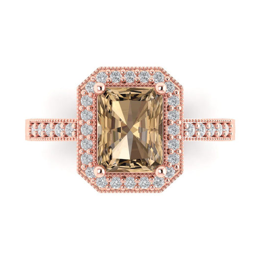 2.78 cttw Zirconia Simulated Champagne Diamond Hidden Halo Engagement Ring - Solid Rose Gold (VVS1, Emerald Cut,8.5x6.5mm)