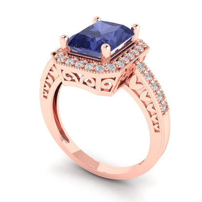 2.78 cttw Simulated Tanzanite Hidden Halo Engagement Ring - Solid Gold (Emerald Cut,8.5x6.5mm)