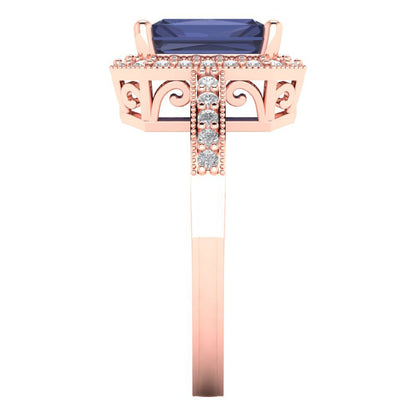 2.78 cttw Simulated Blue Sapphire Hidden Halo Engagement Ring - Solid Gold (Emerald Cut,8.5x6.5mm)